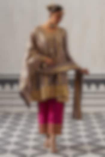 Grey & Rani Pink Mulmul Chanderi Gota Embellished Kurta Set by Palak & Mehak at Pernia's Pop Up Shop