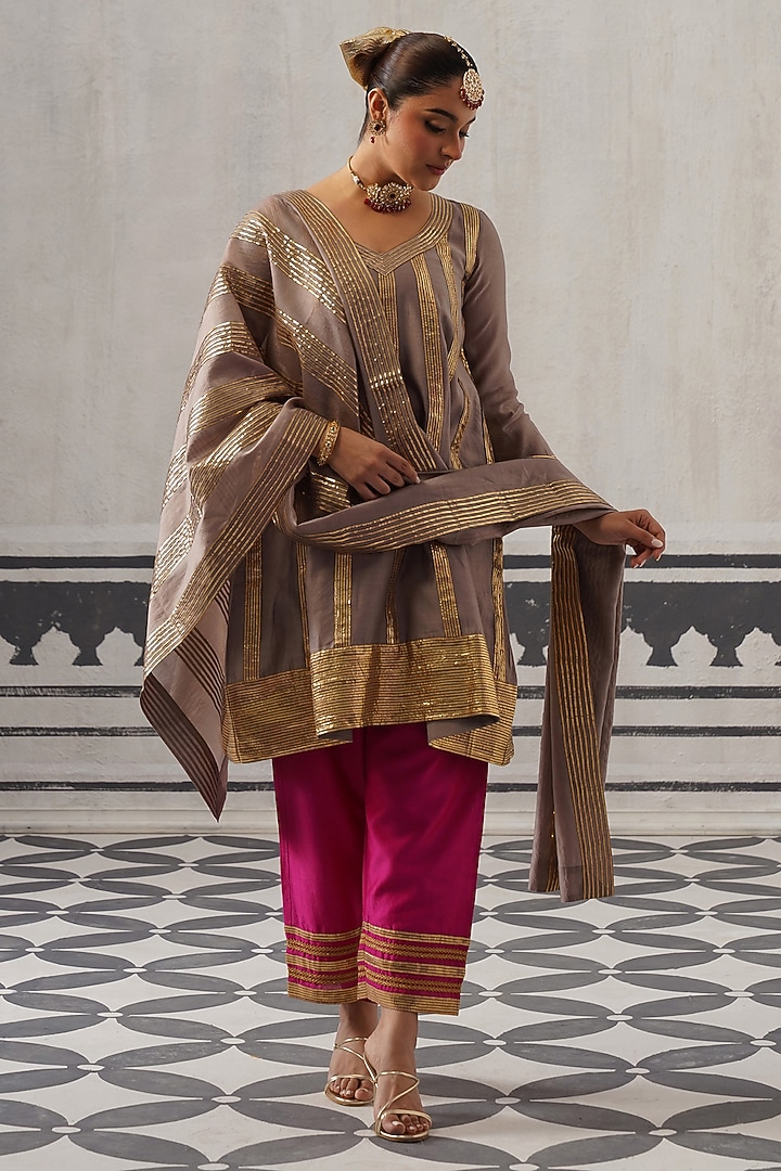 Grey & Rani Pink Mulmul Chanderi Gota Embellished Kurta Set by Palak & Mehak at Pernia's Pop Up Shop
