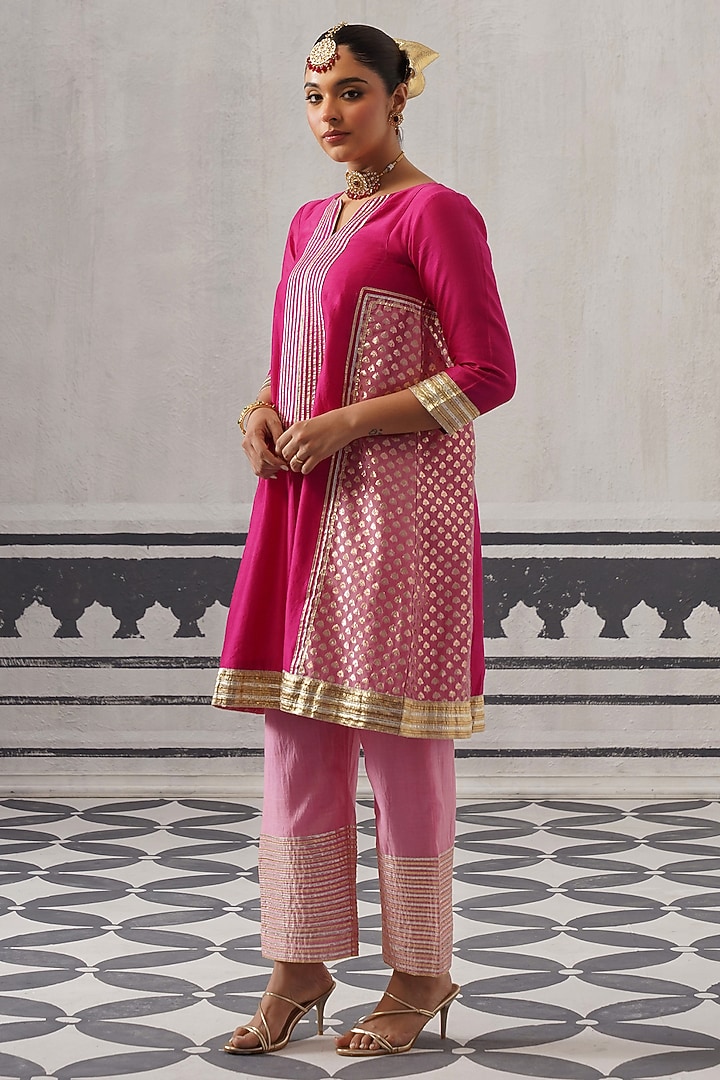 Pink Mulmul Chanderi Banarasi Gota Embellished Kurta Set by Palak & Mehak at Pernia's Pop Up Shop
