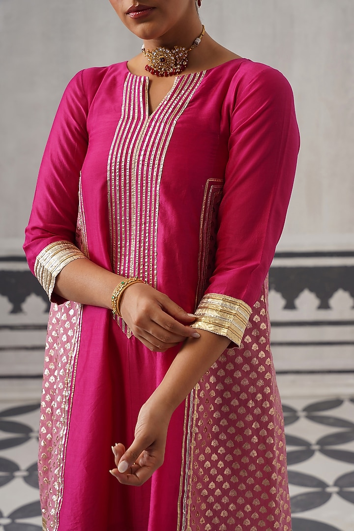 Pink Mulmul Chanderi Banarasi Gota Embellished Kurta Set by Palak & Mehak at Pernia's Pop Up Shop