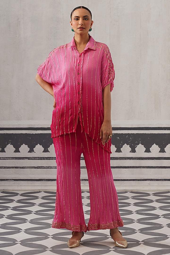 Pink Rayon Lurex Gota Embellished Co-ord Set by Palak & Mehak at Pernia's Pop Up Shop