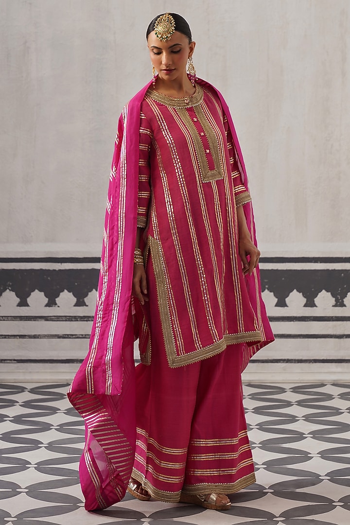 Rani Pink Mulmul Chanderi Gota Embellished Kurta Set by Palak & Mehak at Pernia's Pop Up Shop