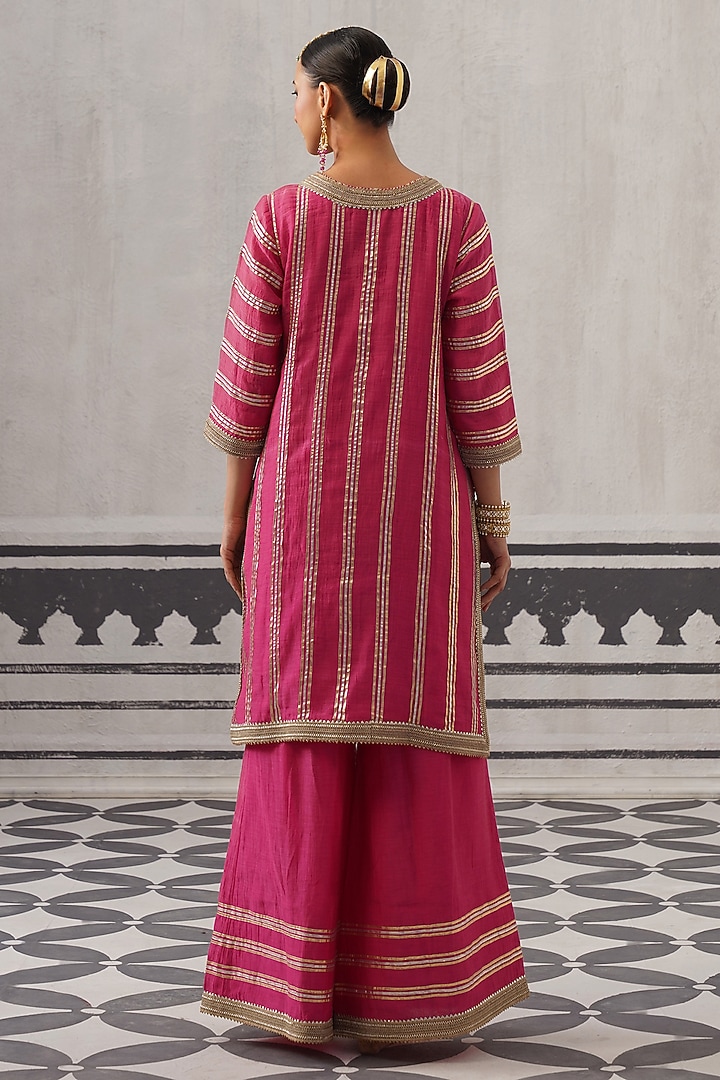 Rani Pink Mulmul Chanderi Gota Embellished Kurta Set by Palak & Mehak at Pernia's Pop Up Shop