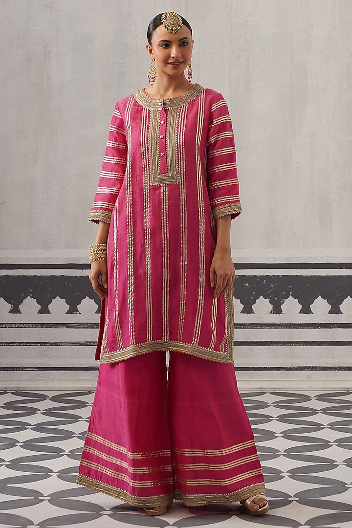 Rani Pink Mulmul Chanderi Gota Embellished Kurta Set by Palak & Mehak at Pernia's Pop Up Shop