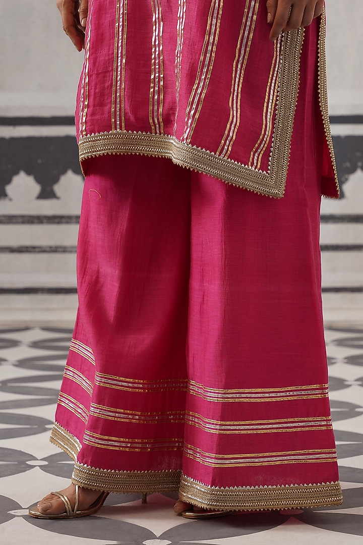 Rani Pink Mulmul Chanderi Gota Embellished Kurta Set by Palak & Mehak at Pernia's Pop Up Shop