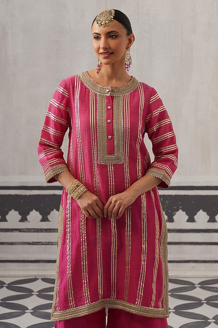 Rani Pink Mulmul Chanderi Gota Embellished Kurta Set by Palak & Mehak at Pernia's Pop Up Shop