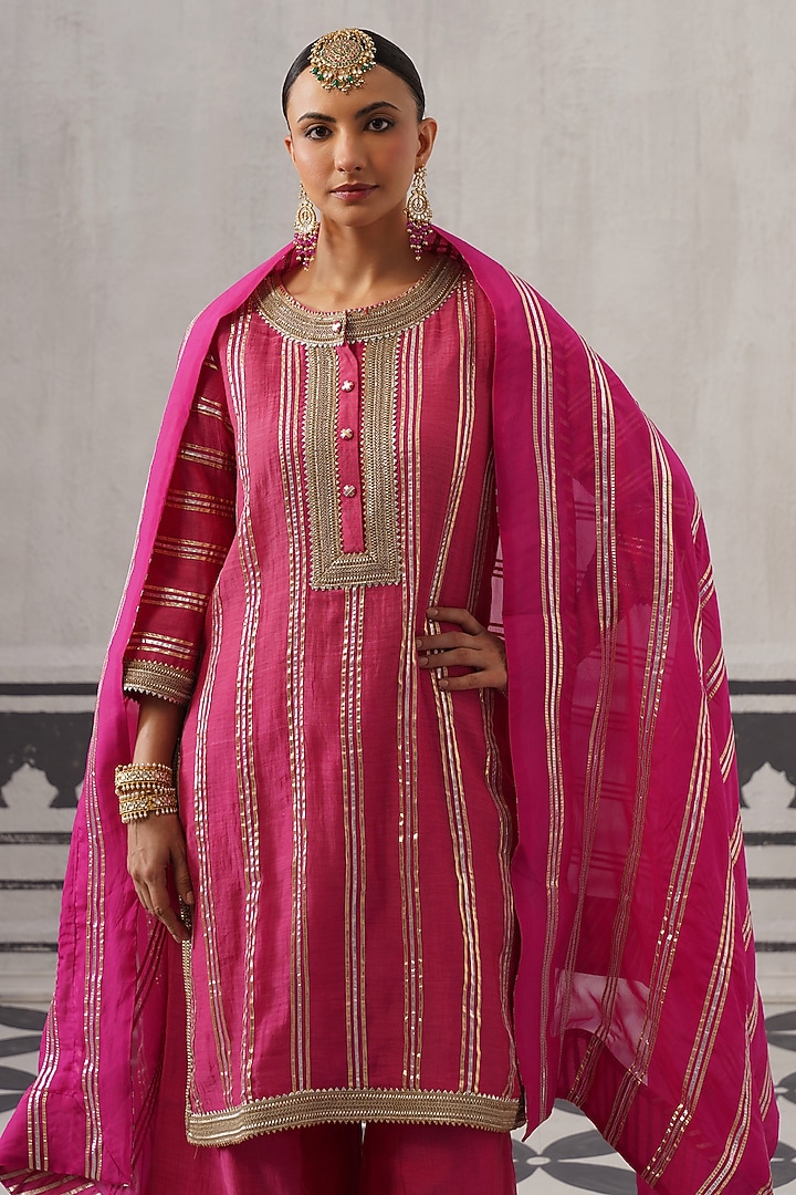 Rani Pink Mulmul Chanderi Gota Embellished Kurta Set by Palak & Mehak at Pernia's Pop Up Shop