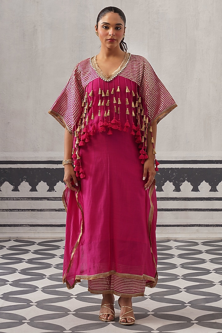 Rani Pink Mulmul Chanderi Kaftan Set by Palak & Mehak at Pernia's Pop Up Shop