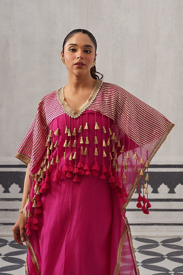 Rani Pink Mulmul Chanderi Kaftan Set by Palak & Mehak at Pernia's Pop Up Shop