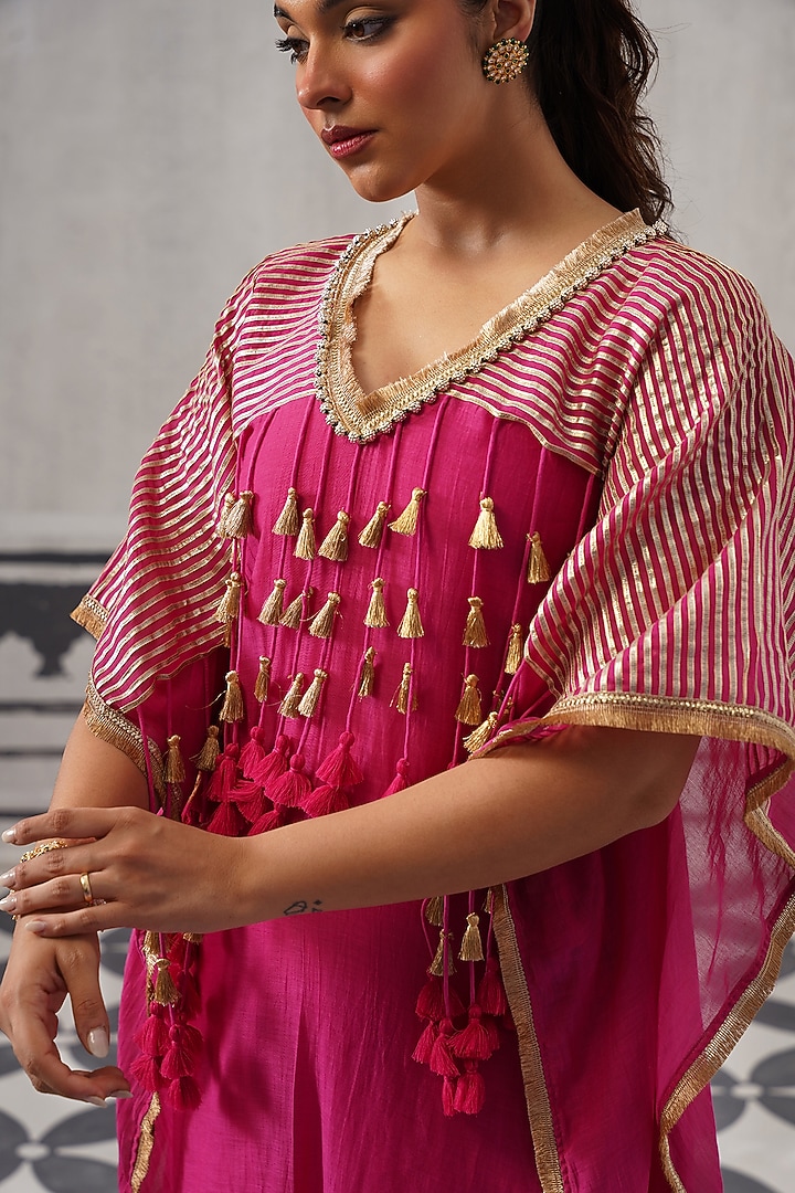 Rani Pink Mulmul Chanderi Kaftan Set by Palak & Mehak at Pernia's Pop Up Shop