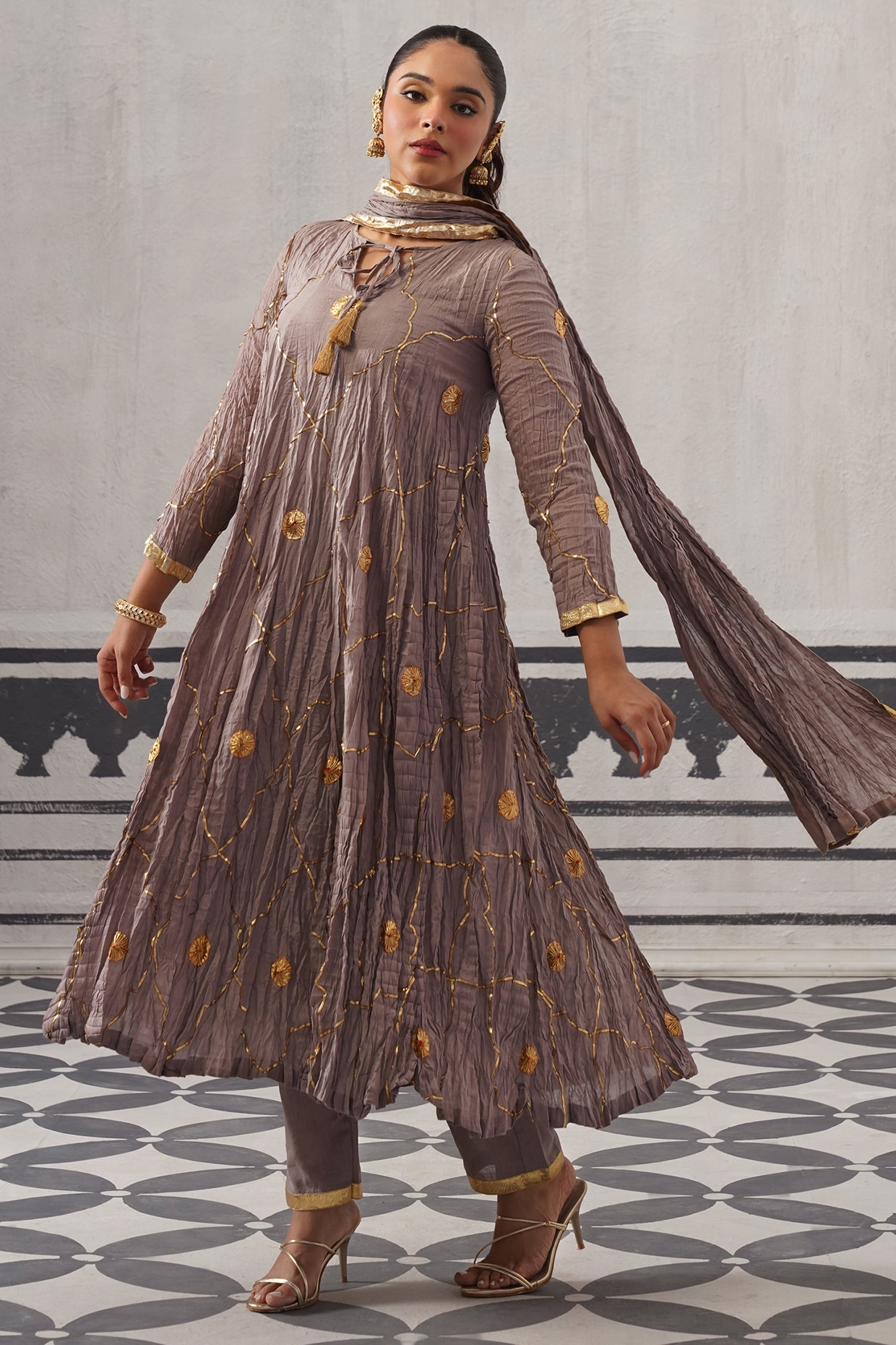 Palak & Mehak Grey Cotton Mulmul Gota Embellished Kurta Set