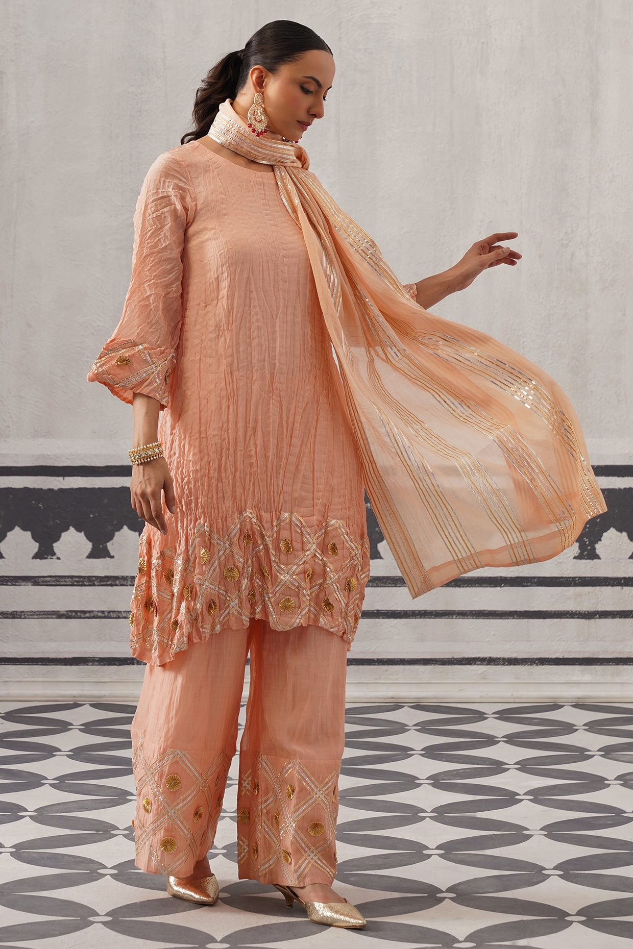 Palak & Mehak Peach Mulmul Cotton Gota Embellished Kurta Set