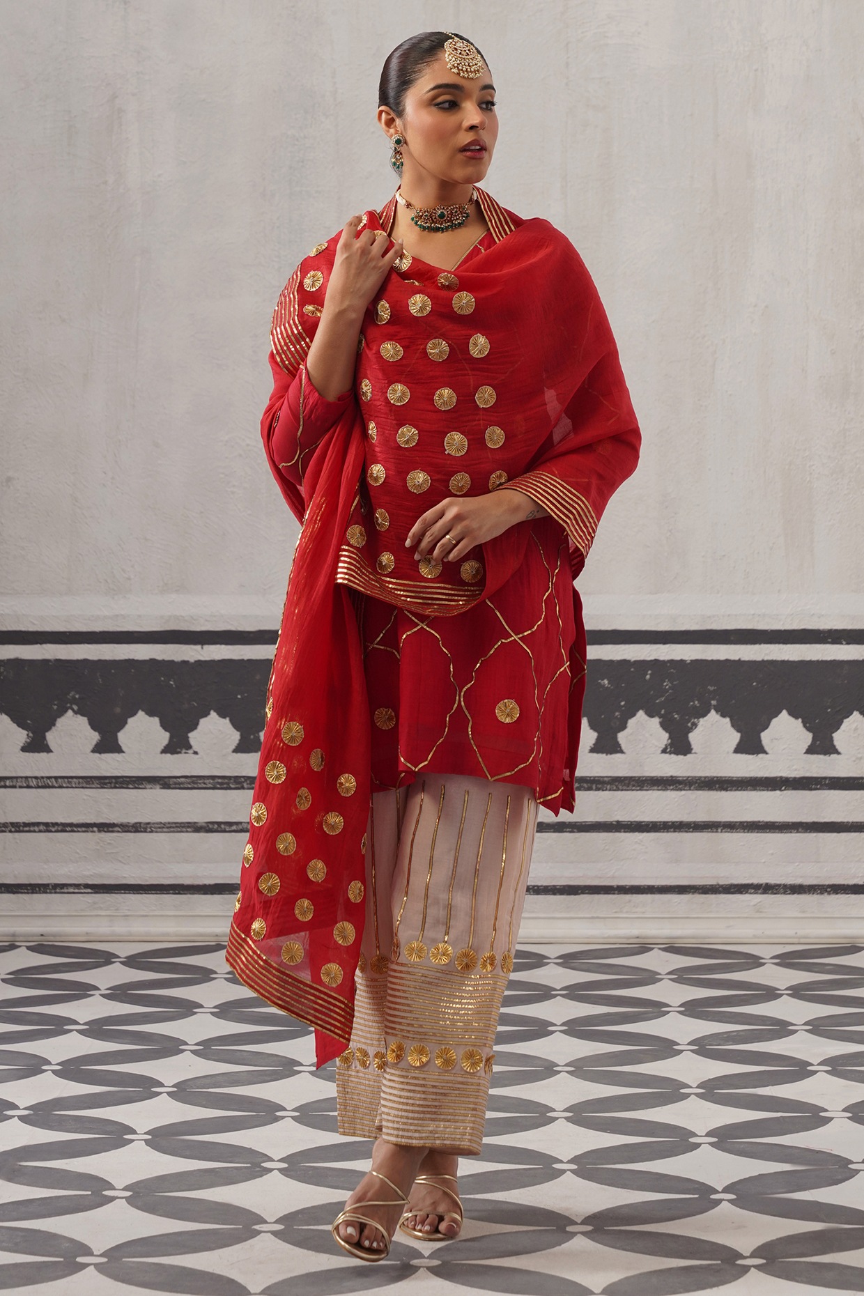 Palak & Mehak Red & Beige Pure Mulmul Chanderi Gota Embellished Kurta Set