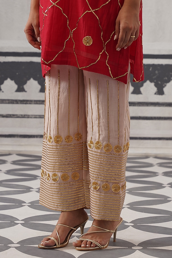 Red & Beige Pure Mulmul Chanderi Gota Embellished Kurta Set by Palak & Mehak at Pernia's Pop Up Shop