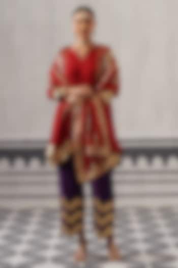 Red & Purple Mulmul Chanderi Gota Embellished Kurta Set by Palak & Mehak at Pernia's Pop Up Shop