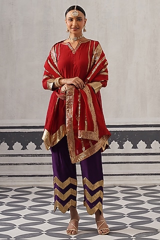 Red & Purple Mulmul Chanderi Gota Embellished Kurta Set by Palak & Mehak