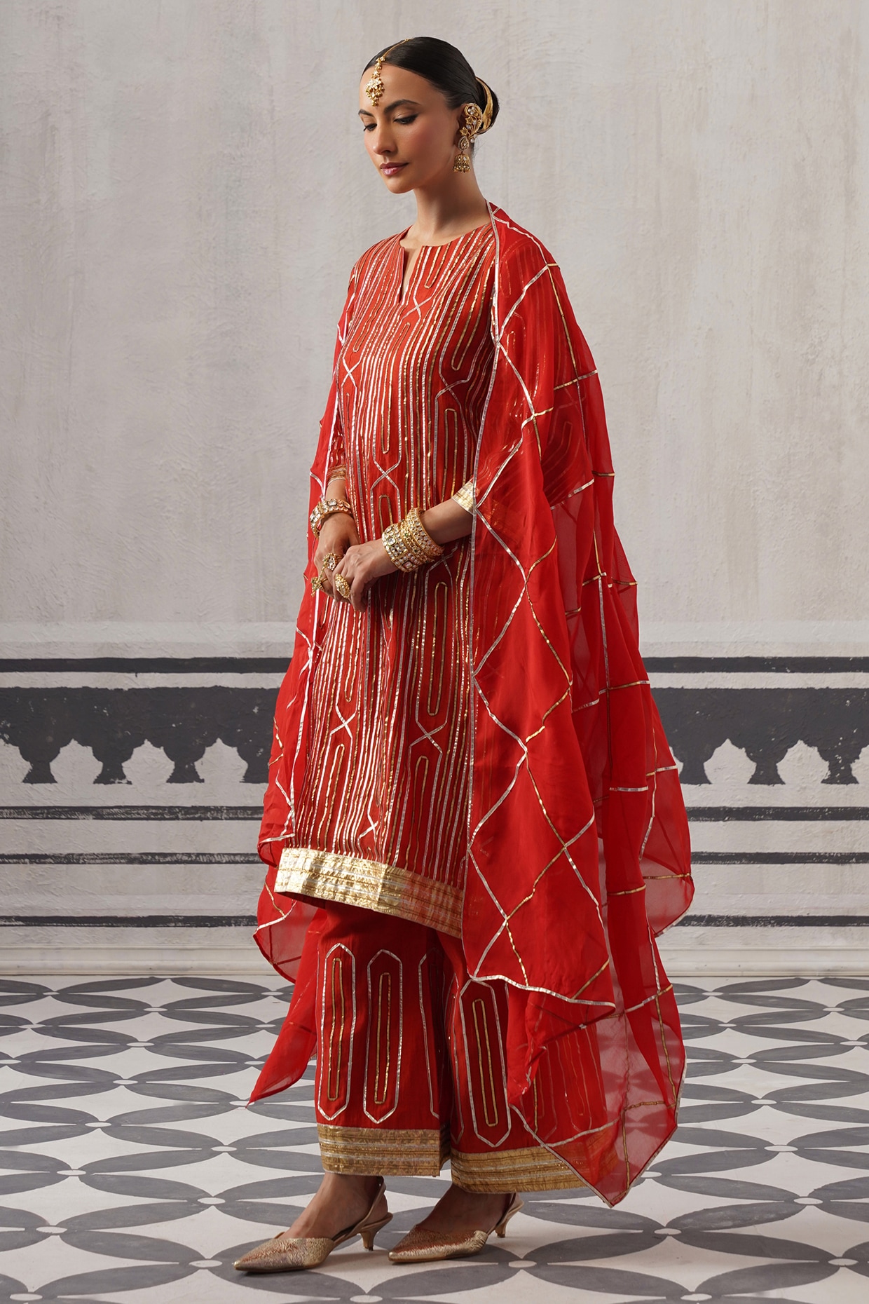 Palak & Mehak Red Mulmul Chanderi Gota Embellished Kurta Set