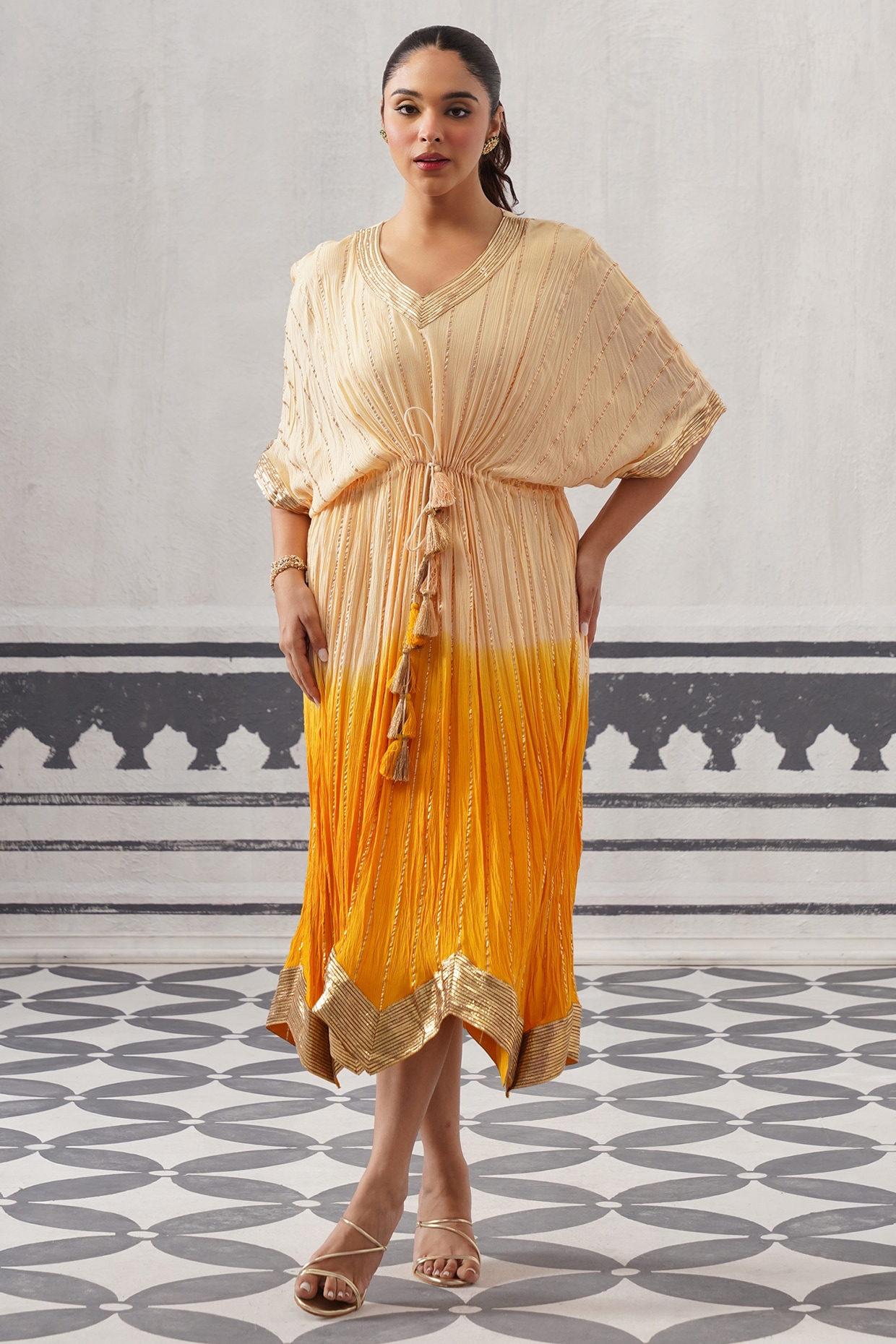 Palak & Mehak Cream & Yellow Ombre Rayon Lurex Gota Embellished Kaftan