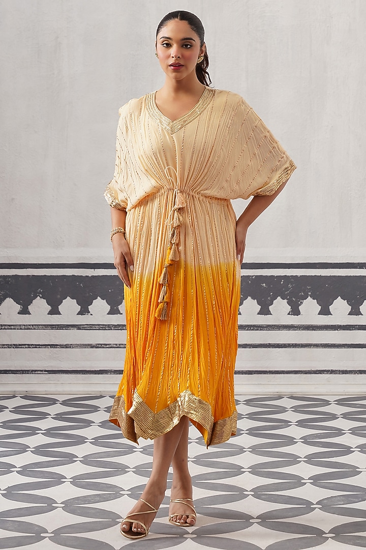 Cream & Yellow Ombre Rayon Lurex Gota Embellished Kaftan by Palak & Mehak at Pernia's Pop Up Shop