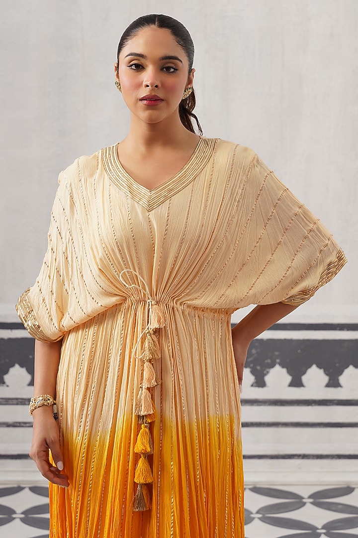 Cream & Yellow Ombre Rayon Lurex Gota Embellished Kaftan by Palak & Mehak at Pernia's Pop Up Shop