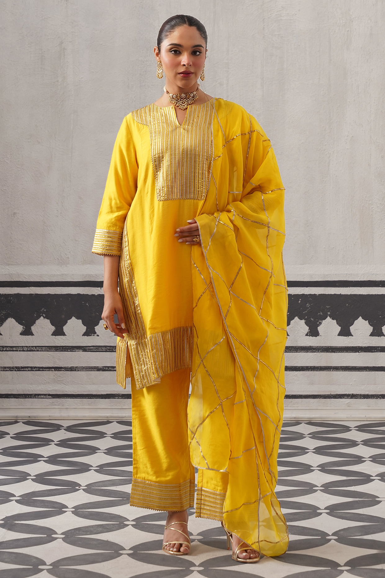 Palak & Mehak Yellow Mulmul Chanderi Gota Embellished Kurta Set