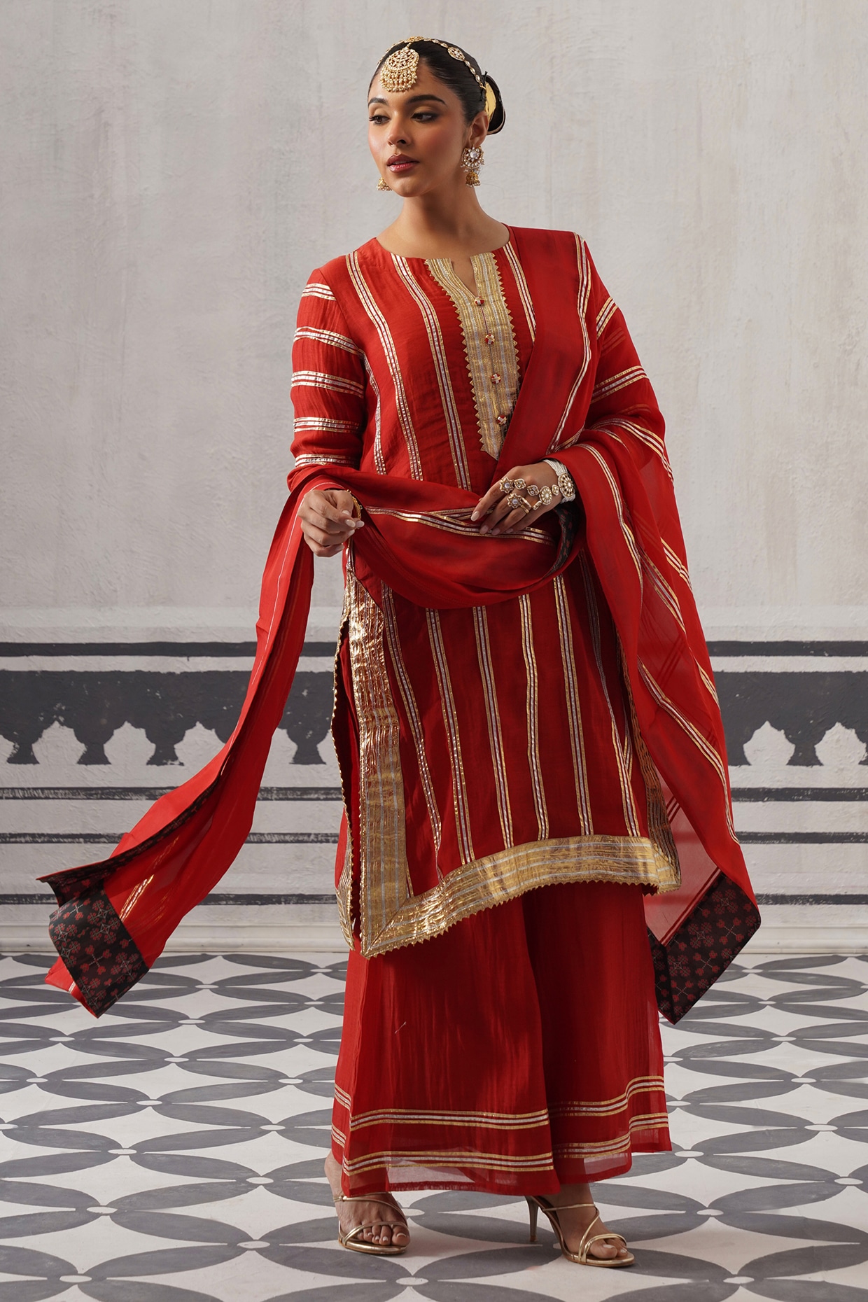 Palak & Mehak Red Mulmul Chanderi Gota Embellished Kurta Set