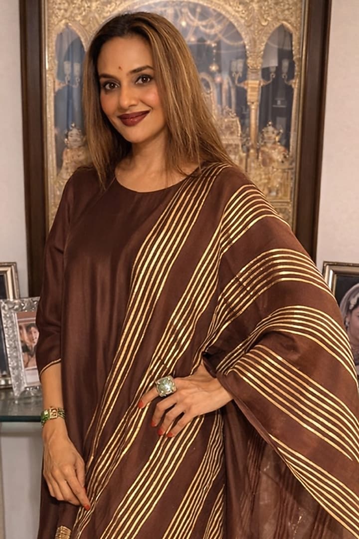 Brown Mul Chanderi Gota Embellished Kurta Set by Palak & Mehak at Pernia's Pop Up Shop
