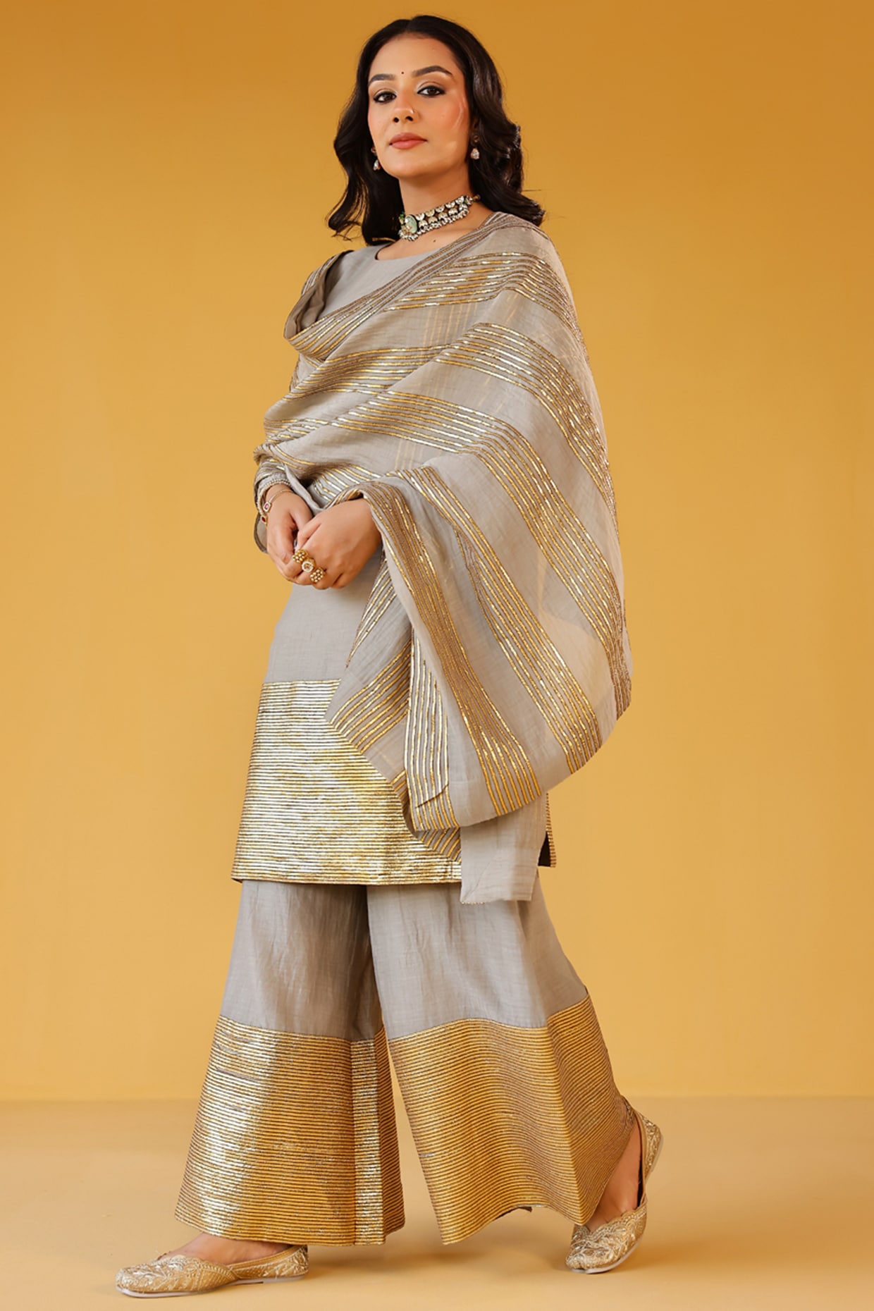 Palak & Mehak Grey Mul Chanderi Gota Embellished Kurta Set
