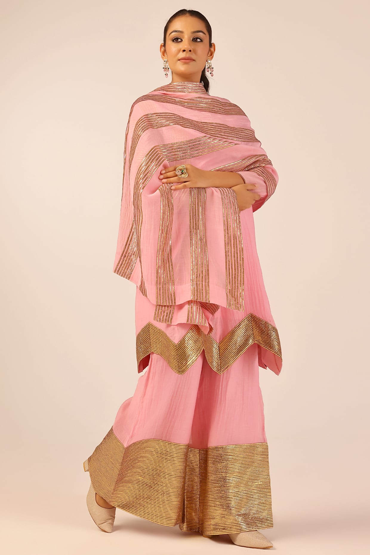 Palak & Mehak Pink Mul Chanderi Gota Embellished Kurta Set