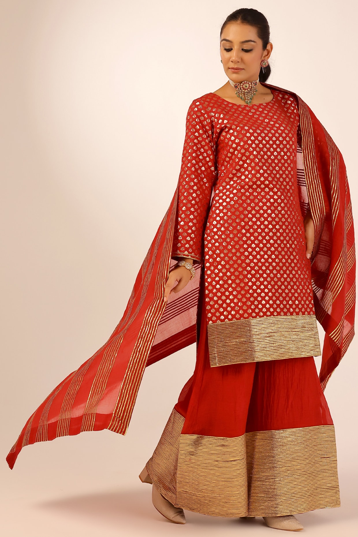 Palak & Mehak Red Mul Chanderi & Banarasi Gota Embellished Kurta Set