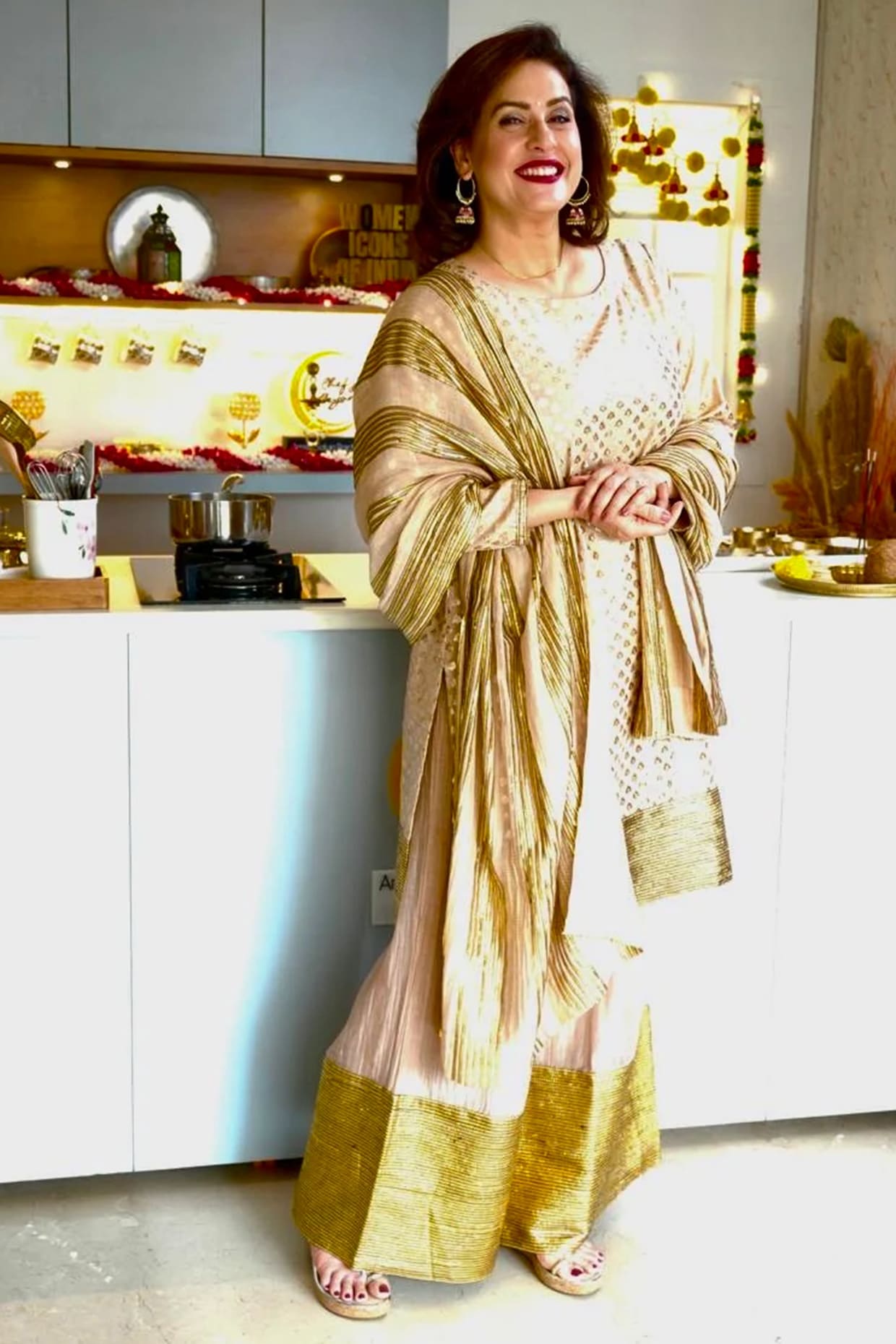 Palak & Mehak Beige & Gold Mul Chanderi & Banarasi Embellished Kurta Set