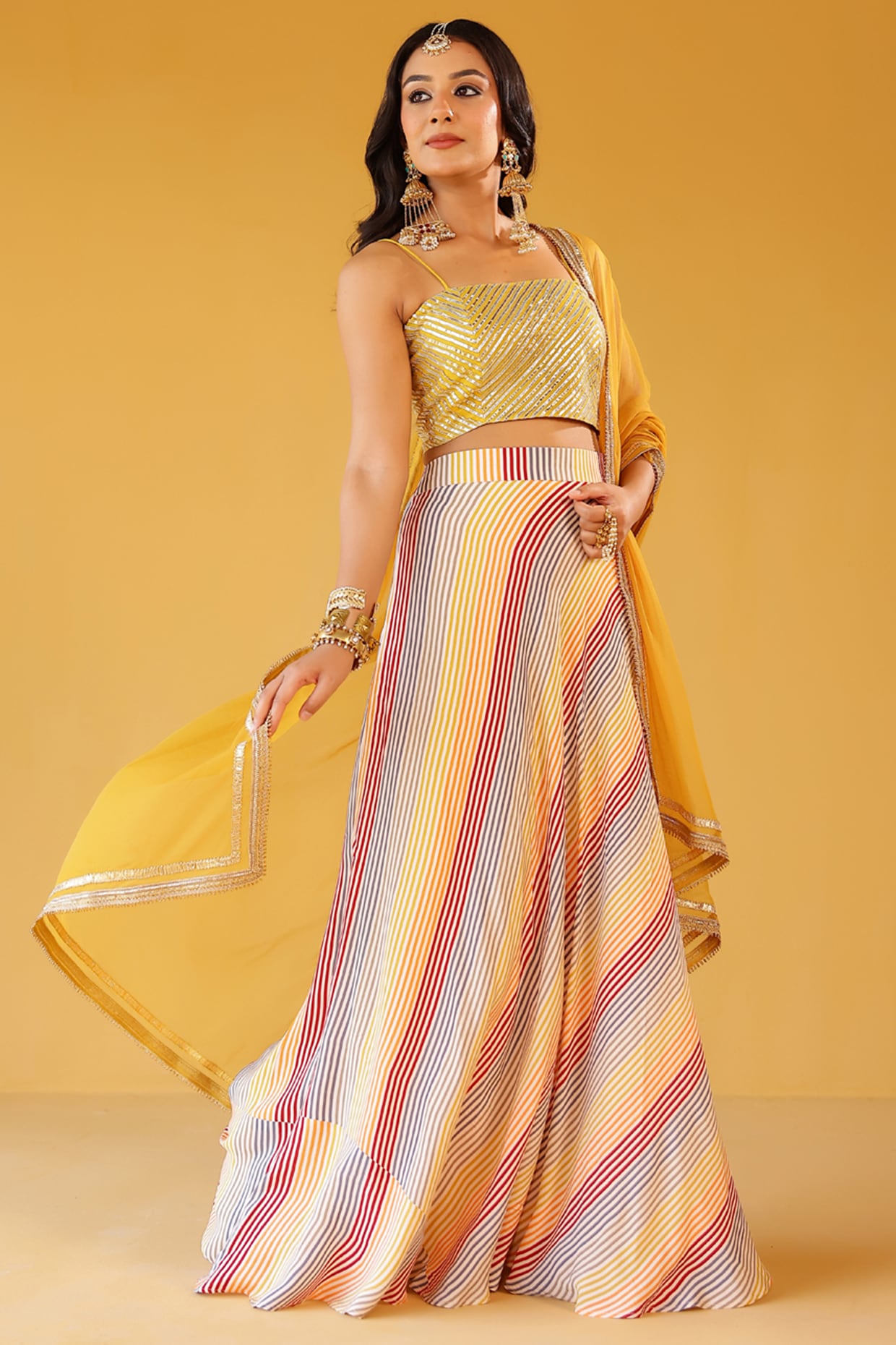 Palak & Mehak Multi-Colored Pure Mul Chanderi Striped Lehenga Set