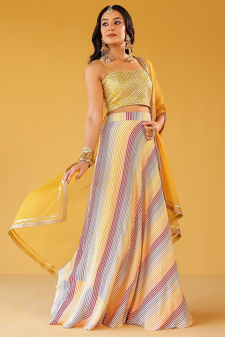 Multi-Colored Pure Mul Chanderi Striped Lehenga Set by Palak & Mehak at Pernia's Pop Up Shop