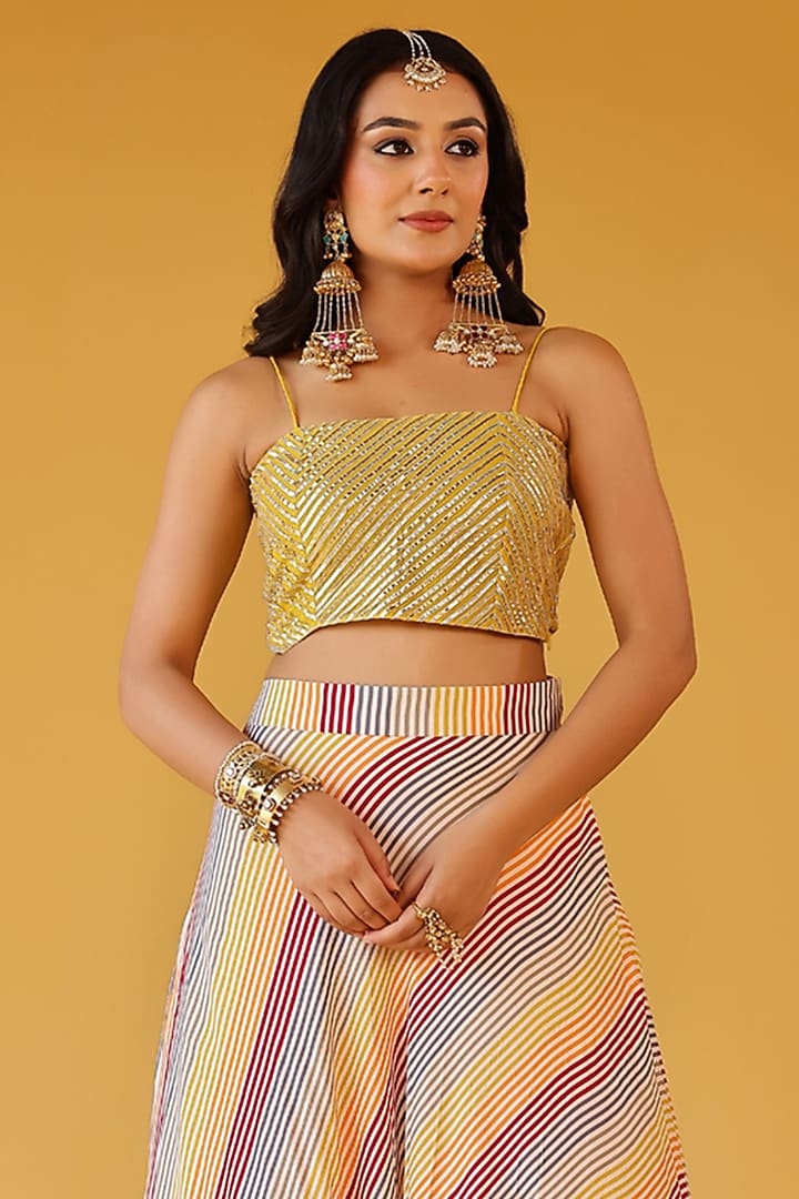 Multi-Colored Pure Mul Chanderi Striped Lehenga Set by Palak & Mehak at Pernia's Pop Up Shop