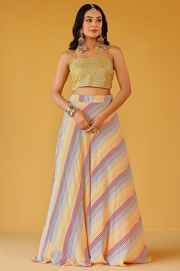 Multi-Colored Pure Mul Chanderi Striped Lehenga Set by Palak & Mehak at Pernia's Pop Up Shop