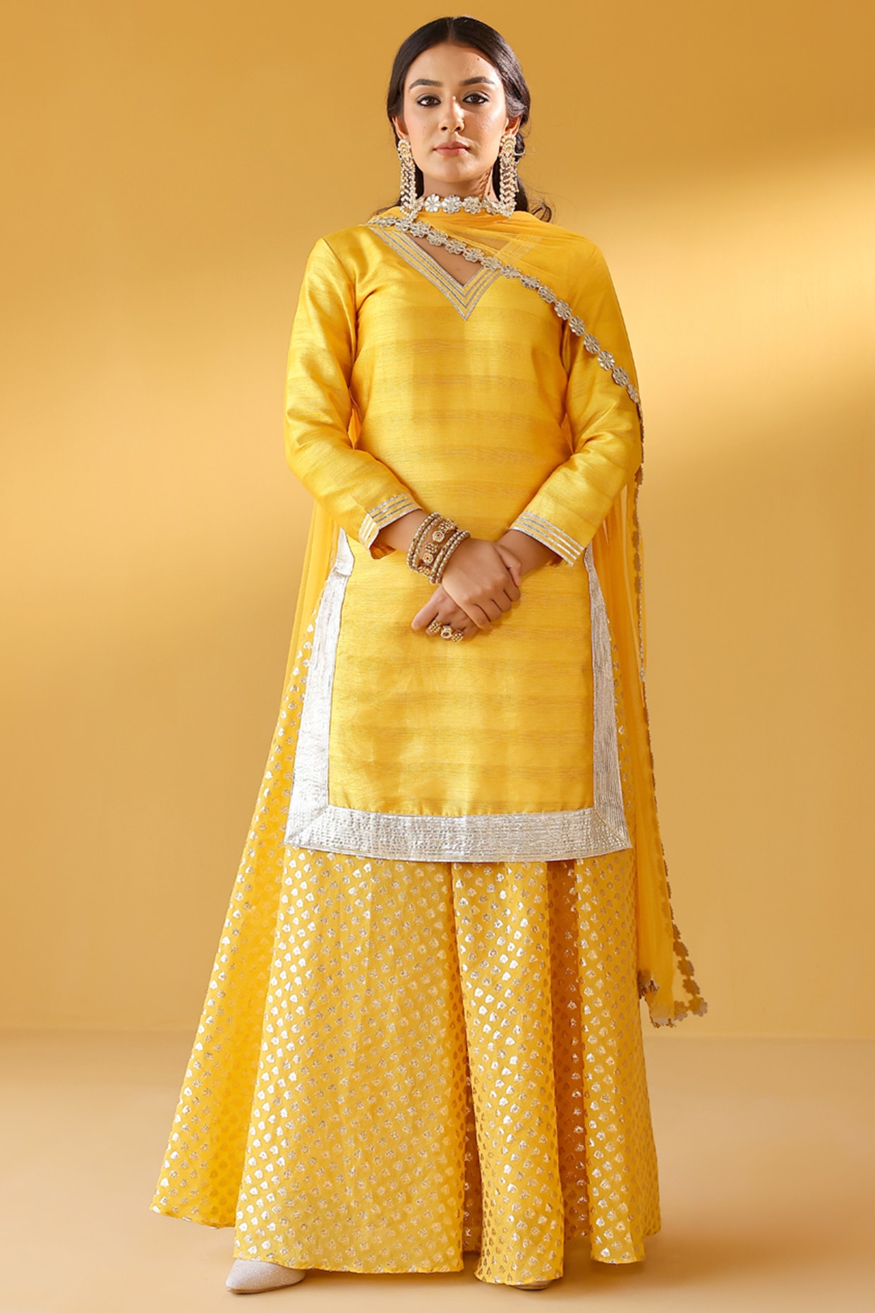 Palak & Mehak Yellow Pure Chanderi & Banarasi Kurta Set