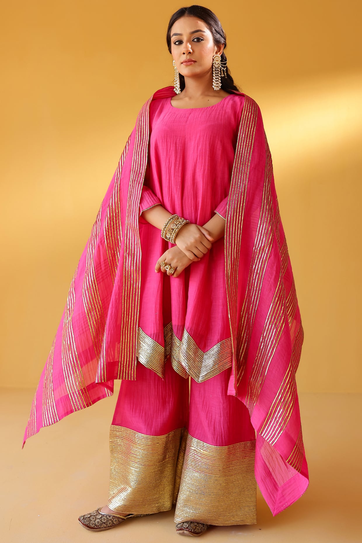 Palak & Mehak Pink Mul Chanderi Gota Embellished Kurta Set