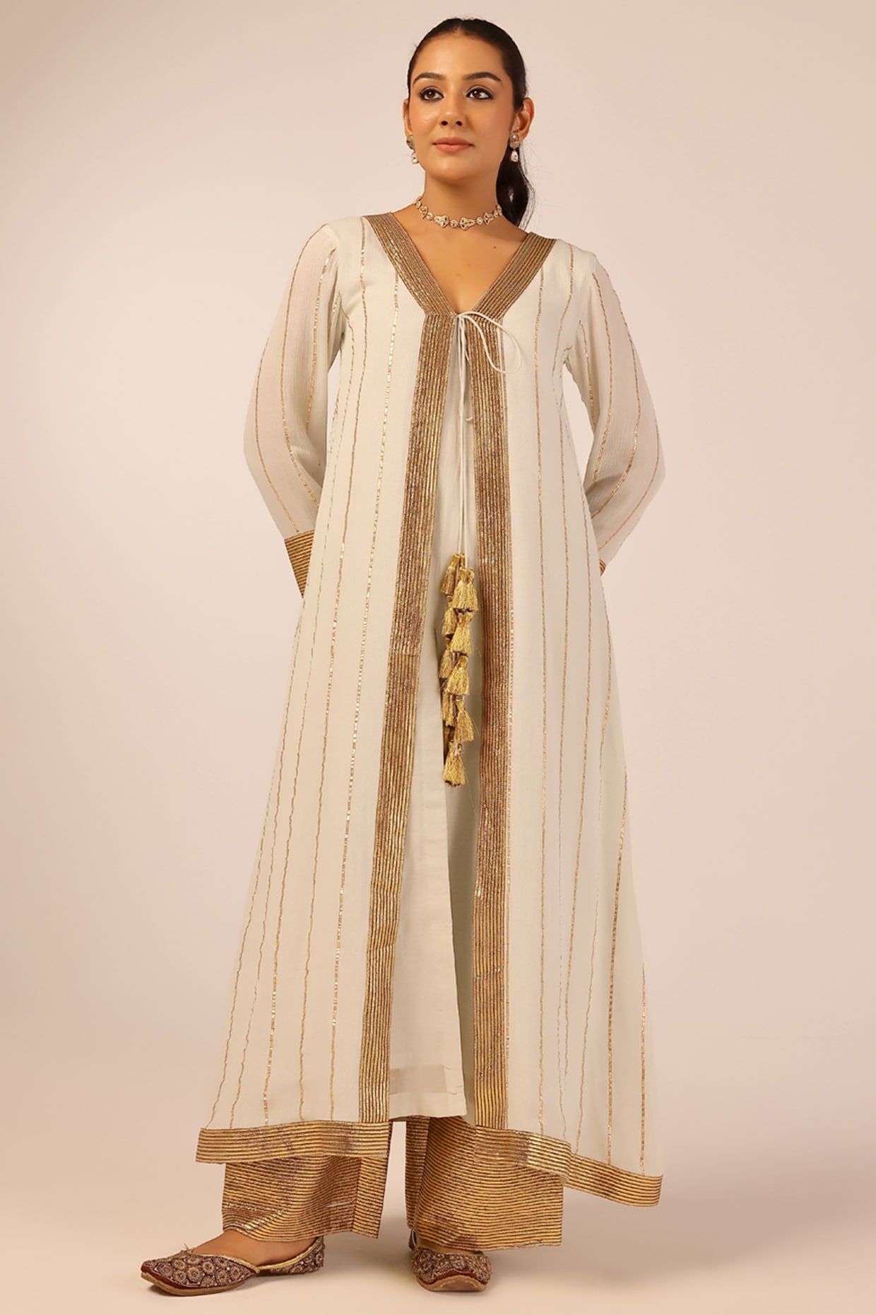 Palak & Mehak Grey Rayon Lurex Gota Embellished Jacket Set