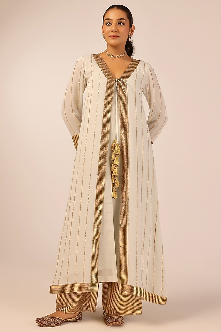 Grey Rayon Lurex Gota Embellished Jacket Set by Palak & Mehak at Pernia's Pop Up Shop