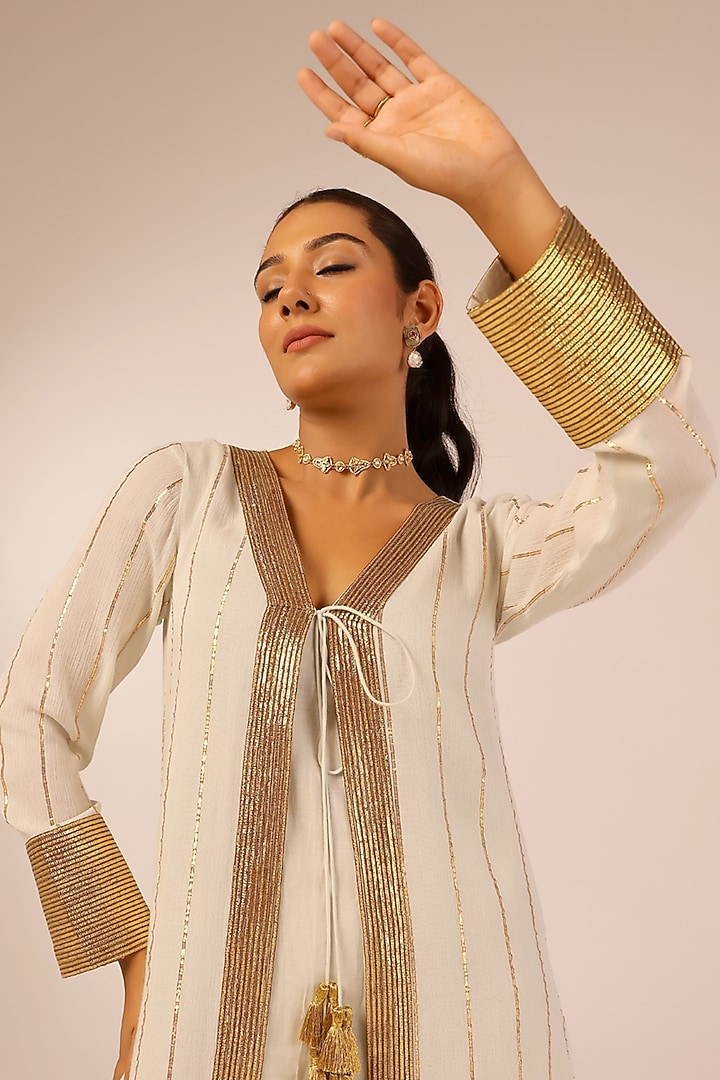 Grey Rayon Lurex Gota Embellished Jacket Set by Palak & Mehak at Pernia's Pop Up Shop