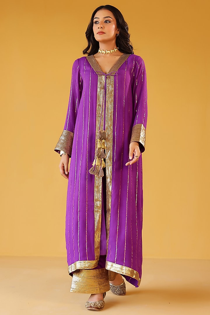 Purple Rayon Lurex Gota Embellished Jacket Set by Palak & Mehak at Pernia's Pop Up Shop