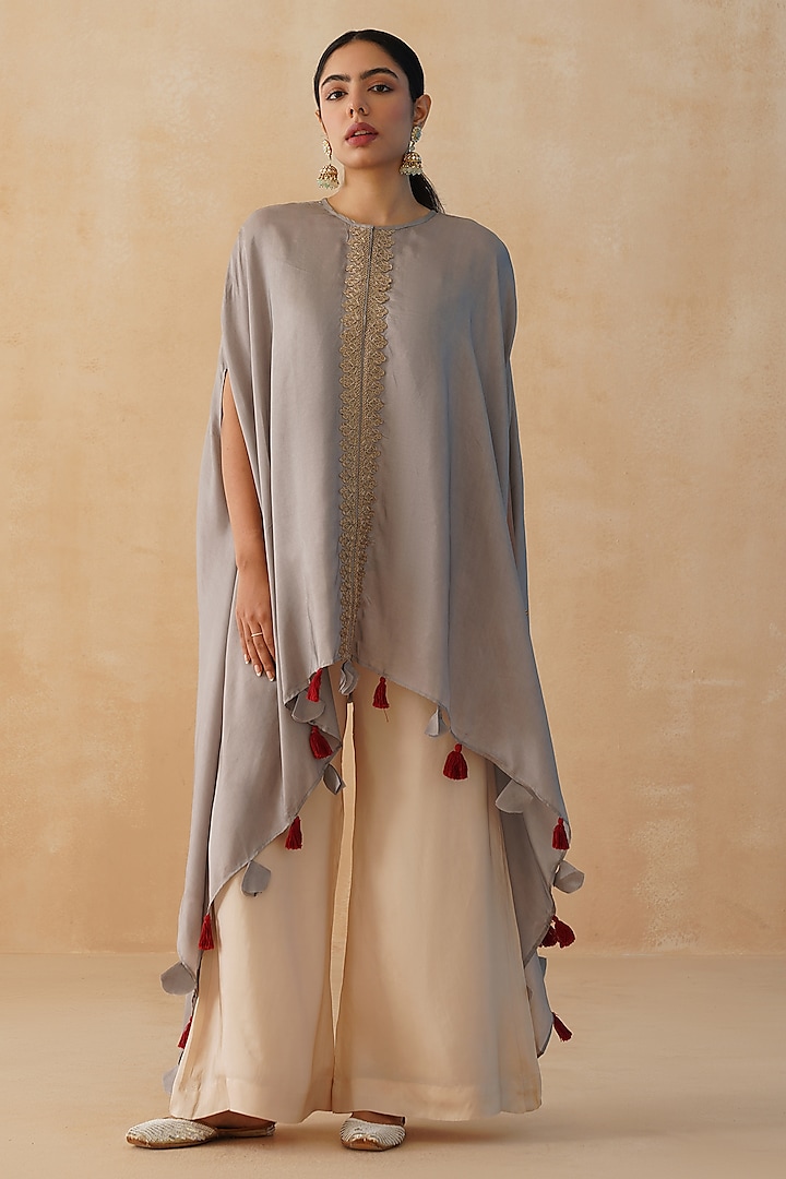 Grey Crepe High-Low Cape Set by Palak & Mehak at Pernia's Pop Up Shop