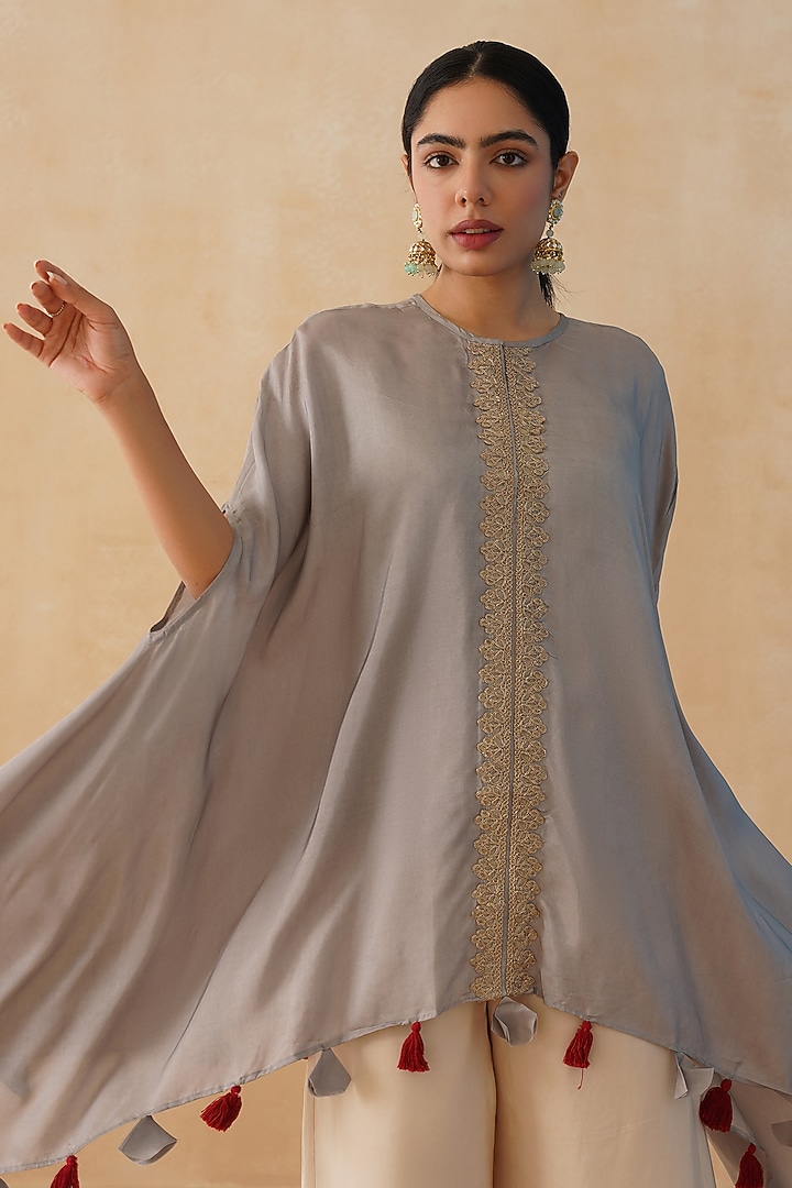 Grey Crepe High-Low Cape Set by Palak & Mehak at Pernia's Pop Up Shop