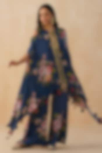 Blue Crepe Floral Cape Set by Palak & Mehak at Pernia's Pop Up Shop