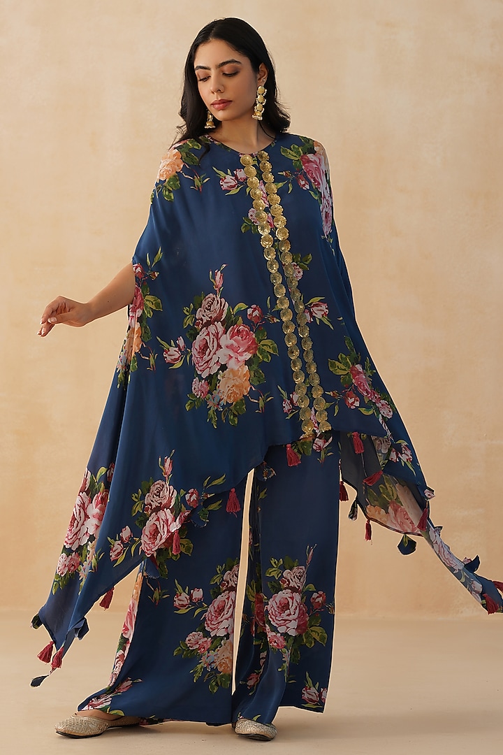 Blue Crepe Floral Cape Set by Palak & Mehak at Pernia's Pop Up Shop