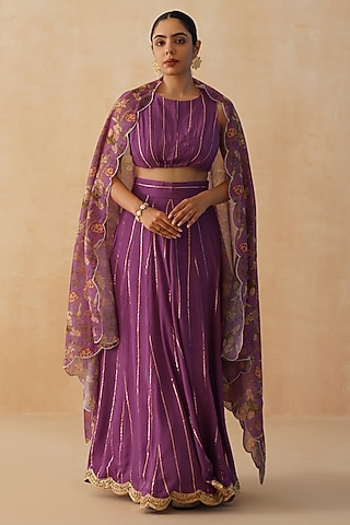 Purple Rayon Lurex Crepe Lehenga Set by Palak & Mehak