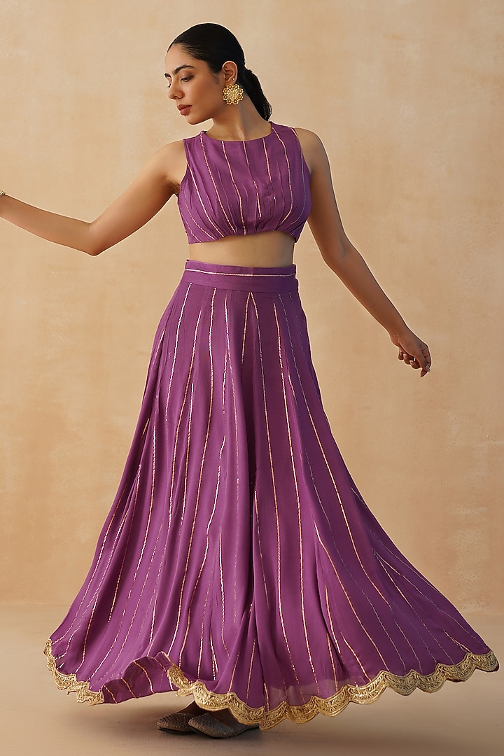 Purple Rayon Lurex Crepe Lehenga Set by Palak & Mehak at Pernia's Pop Up Shop