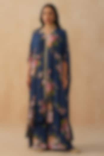 Blue Crepe Kaftan Set by Palak & Mehak at Pernia's Pop Up Shop