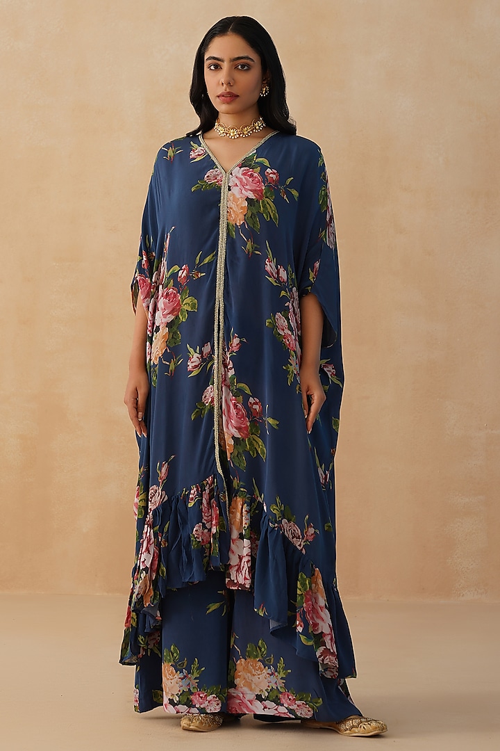 Blue Crepe Kaftan Set by Palak & Mehak at Pernia's Pop Up Shop