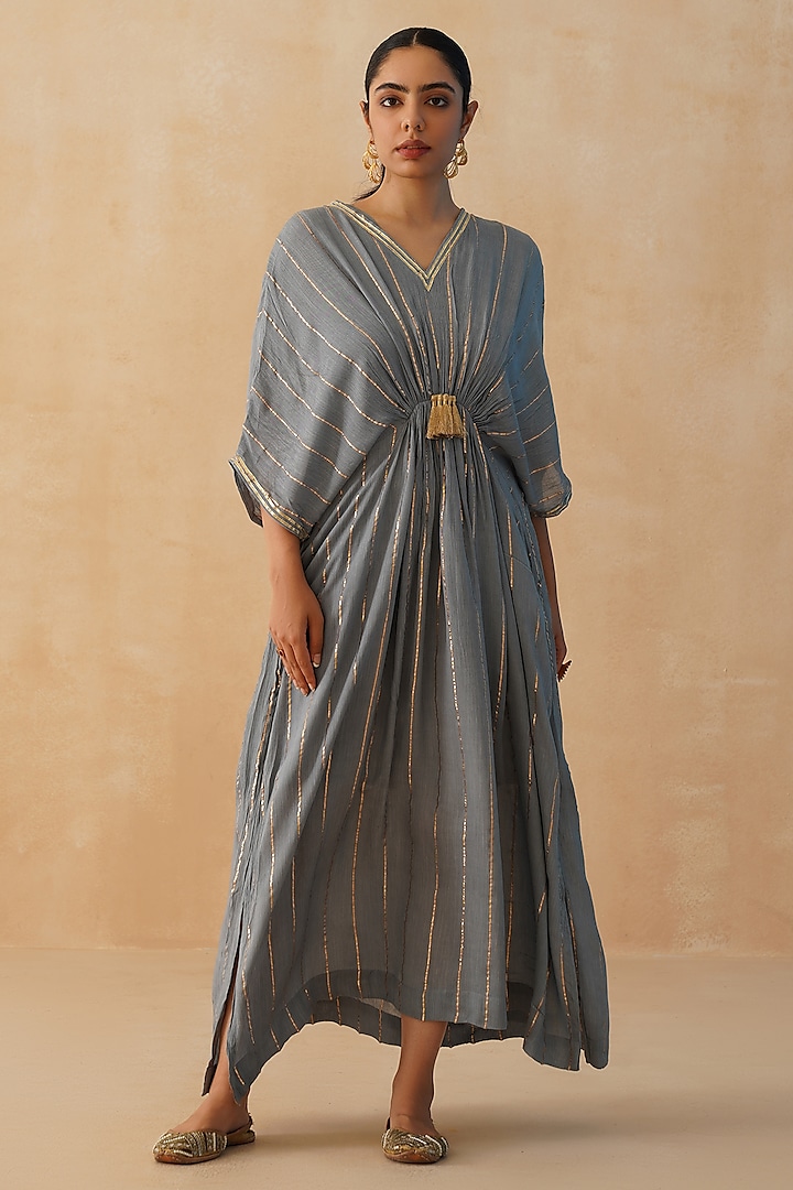 Grey Rayon Lurex Crepe Kaftan by Palak & Mehak